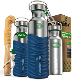 Blockhut Personalized Stainless Steel Water Bottle 1L - Leak-proof Water Bottle for Kids, Adults, BPA-free, Carbonated Drink Safe, Thermos Flask for School, Outdoors, Engraving with Name (750 ml, Blue)