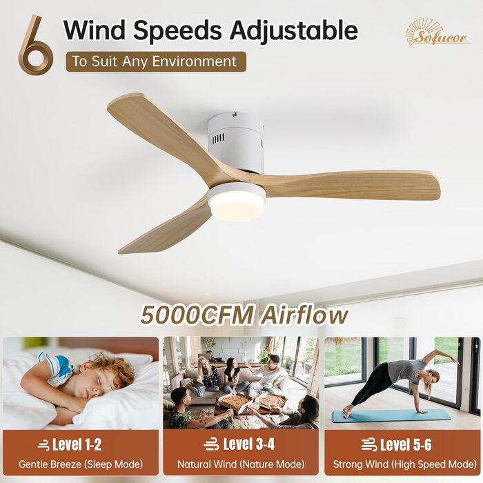 Стеляний вентилятор Sofucor з дистанційним керуванням, дерев'яний з 3 лопатями, 132 см, тихий, 6 швидкостей, таймер, DC двигун, літньо-зимовий режим, для спальні (з підсвічуванням та кріпленням Flush Mount, натуральне дерево)