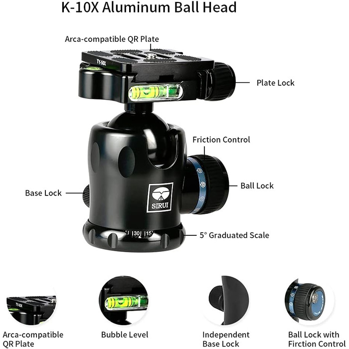 Штатив SIRUI ST-125+K10X з вуглецевого волокна, з відео-головкою для панорамної зйомки, трикутною центральною колоною, для DSLR, 4 секції, 166см, 3KG
