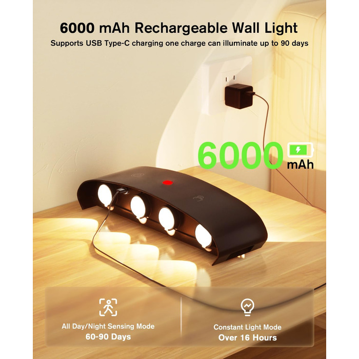 LED-стінні світильники на батарейках YrgePowk з датчиком руху, 6000mAh, 3 кольори, USB-зарядка, 2 шт. (білий/чорний)