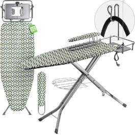Прасувальна дошка KADAX з підвішувачем для рукавів, 130x41 см, з підставкою для праски та розеткою, складана, Made in EU (зелена)