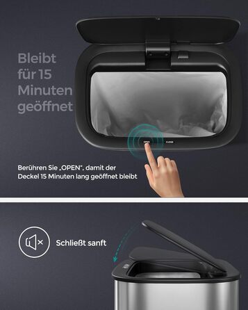 Відро для сміття SONGMICS з датчиком 50л, з м'яким закриттям, з нержавіючої сталі, з кільцем для пакетів, срібне (LTB610E50)