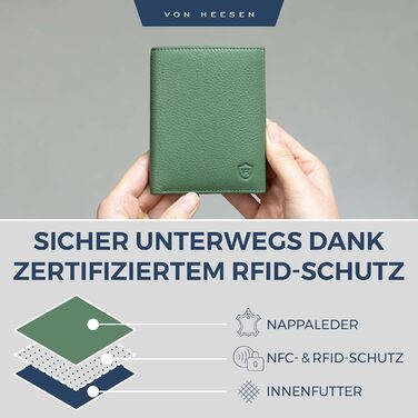 VON HEESEN Гаманець для чоловіків і жінок, зелений, з відділенням для монет, натуральна шкіра