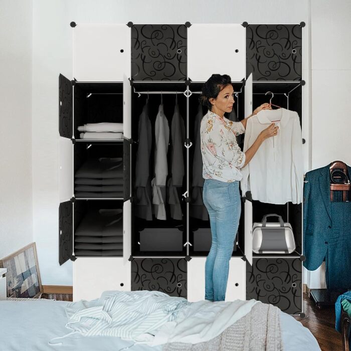 Wardrobe, Plastic Wardrobe, DIY Cube Wardrobe 20 Cubes, Shelf System Bedroom Wardrobe – Black, 145 x 37 x 178 cm