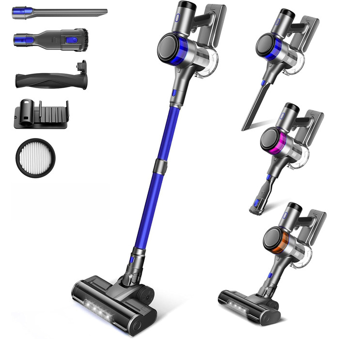 Акумуляторний пилосос Dzaki, 45KPa, бездротовий, без мішка, з дисплеєм, антизаплутувальна щітка, 55 хв роботи, знімний акумулятор, для твердих поверхонь, шерсті тварин, килимів, авто, блакитний