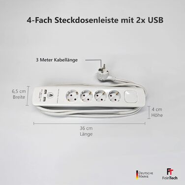 Стрічка розеток FeinTech MD000632 6-fach з USB та захистом від перенапруги, 3680 Вт, біла (4 розетки, 3 м кабель)