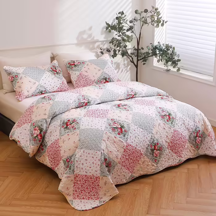 DECMAY Daybed Cover 220x240 cm, Bedding Floral Patchwork Blanket Bedspread, 3 Piece Bedspread Microfiber Daybed Cover with 2 Pillowcases 50x70 cm, for Daybed Sofa 220x240cm Pink