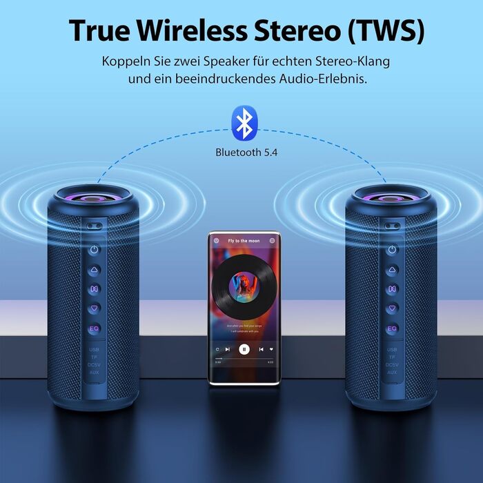 Bluetooth колонка 2026 з RGB підсвіткою, портативна, водонепроникна IP7, 20 годин роботи, з мікрофоном, для спорту, саду, вулиці - блакитна