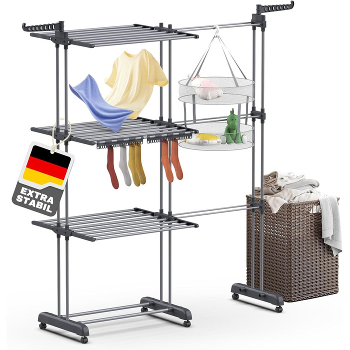 Сушарка для білизни Huracan 2в1: тур, розкладна, висувна, сіра. 3 яруси, 2 тримачі для шкарпеток та білизни.