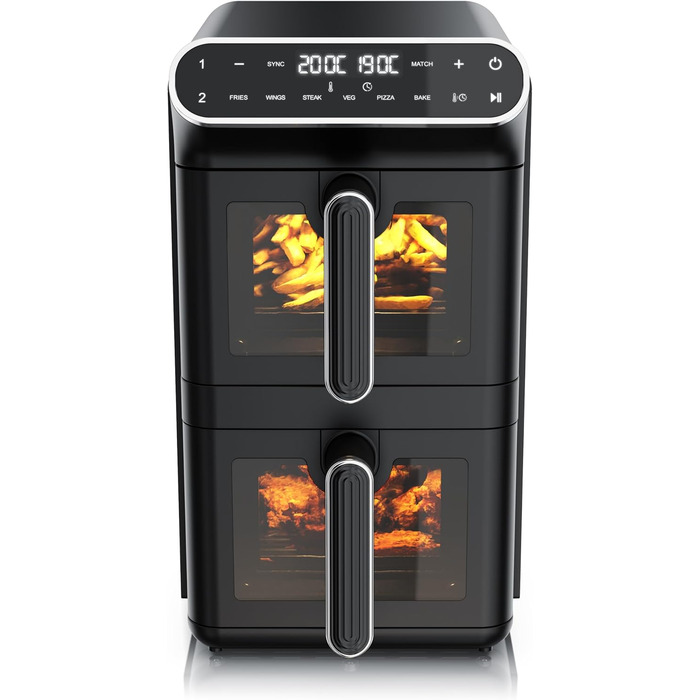 Фритюрниця Arendo з гарячим повітрям XXL Dual Zone з 2 камерами – 11 л – 2 зони – Airfryer з подвійними камерами та вікном – 6 програм – Без BPA – 3D циркуляція повітря – Функції Sync та Match A: 11 літрів