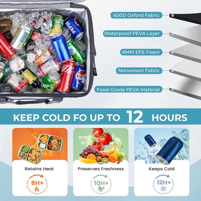 Сумка-холодильник INSMEER 50 л, велика, розкладні, для 80 банок, з відкривачем, для пікніків, кемпінгу, пляжу, сімейних поїздок на 4 особи (темно-сірий)