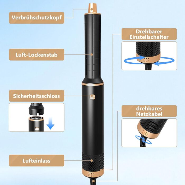 RUIZHI Airstyler 5 в 1: Фен-щітка для волосся з 5 насадками, 110000 обертів/хв, 3 температурні режими, для об'єму, локонів та випрямлення волосся