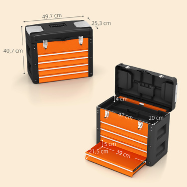 HOMCOM Empty Tool Box, 49.7 x 25.3 x 40.7 cm Tool Chest with 4 Drawers, Mini-Box, Top Storage Compartment, Handle, Steel Tool Case, Orange | Aosom