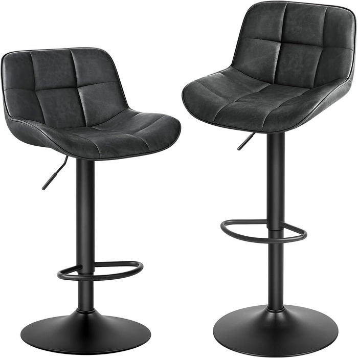 EUGAD Adjustable Bar Stools 2-Pack - 360° Swivel, Backrest & Footrest, Padded Leatherette Bar Chairs for Kitchen & Bar - Metal Frame, Anthracite