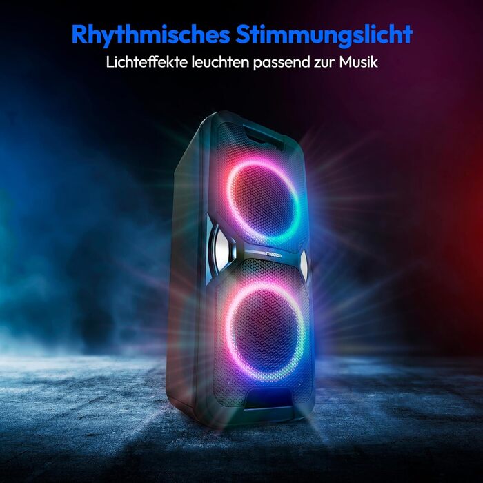 MEDION PE-1 Pure Partybox: портативна Bluetooth колонка з мікрофоном, світлові ефекти, караоке, AUX, USB, радіо, 250 Вт (25 Вт RMS)