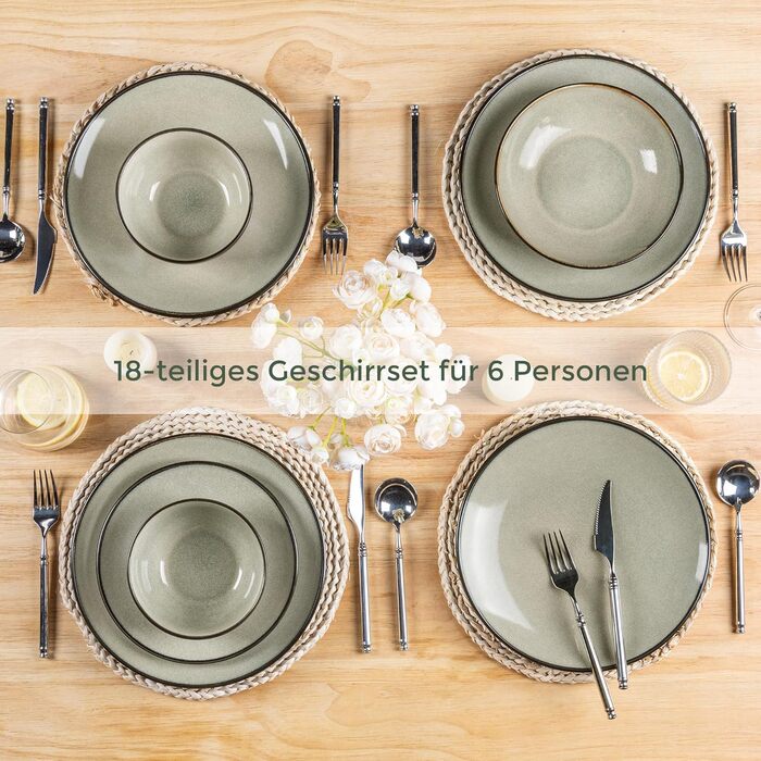 Набір посуду з каменю GBhome на 6 осіб (18 предметів), ручна робота, реактивна глазур, мікрохвильова та посудомийна машини, набір тарілок та мисок Desret Salbei