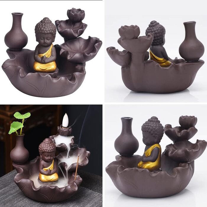 Golden Buddha Waterfall Backflow Incense Burner, Water Fountain Incense Holder, Golden Buddha Censer, Ceramic Incense Burner for Family, Office, Bedroom Decoration