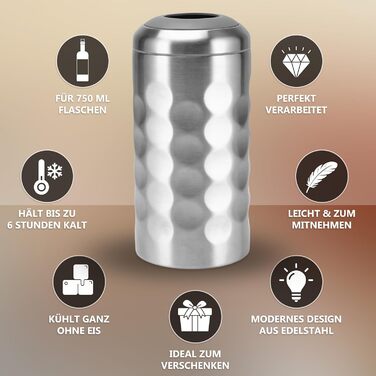 Охолоджувач вина Arktis з нержавіючої сталі – стильне наливання безпосередньо з охолоджувача | Вакуумно-ізольований охолоджувач напоїв та охолоджувач пляшок для вина, шампанського, ігристого вина | Охолоджувач шампанського з подвійними стінками (нержавіюч