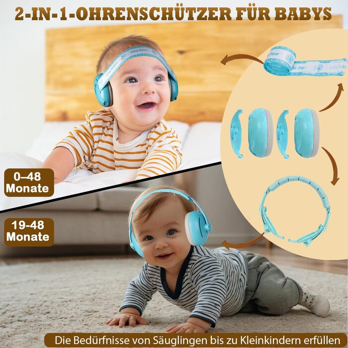 Навушники для захисту від шуму для малюків та дітей до 48 місяців - захист від шуму, регульоване антиковзне наголов'я, запобігання пошкодженню слуху, покращення сну (Блакитний)