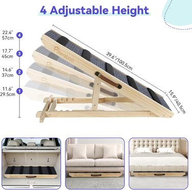 Pawaboo Рампа для собак, дерев'яна, регульована висота, 11.6'-22.4', до 65 кг, 100x40 см, для собак маленьких та середніх порід