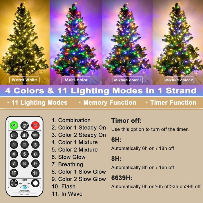 Гірлянда світлодіодна зовнішня 10м, 100 LED, тепле біле та кольорове світло, з пультом, таймером, 11 режимів, для декору балкона, саду, вечірки, весілля, ялинки