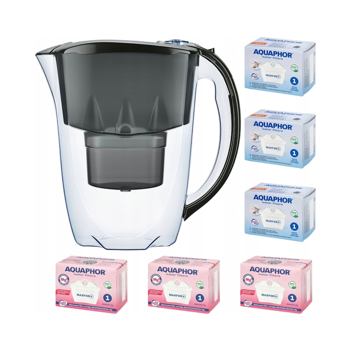 Фільтраційний глечик Aquaphor Amethyst 2,8 л + 6 картриджів (3 стандартних + 3 магнієвих), чорний