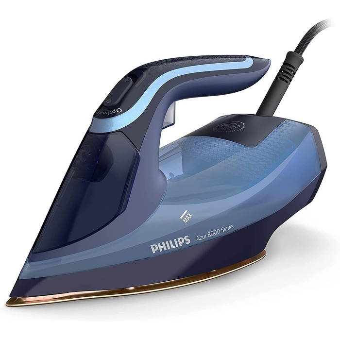 Philips Azur 8000 Series Steam Iron - 55 g/min continuous steam, 240 g steam boost, 3000 W, OptimalTEMP technology, SteamGlide Elite, Light Blue (DST8020/20) 240 g steam boost 55 g continuous steam Light Blue/Dark Blue