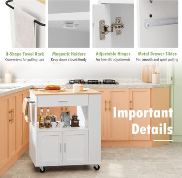Giantex Rolling Kitchen Cart with Drop Leaf Top, Kitchen Island with Storage, Mobile Kitchen Island Wood, Kitchen Storage Cabinet Serving Cart with Drawer & 3 Shelves (White)