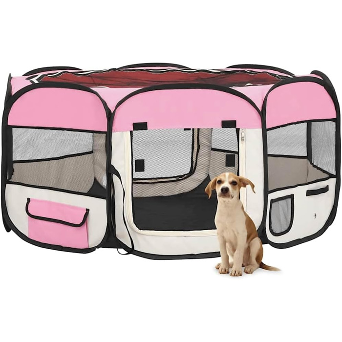 Вольєр для цуценят VidaXL, розкладний, 145x145x61 см, рожевий