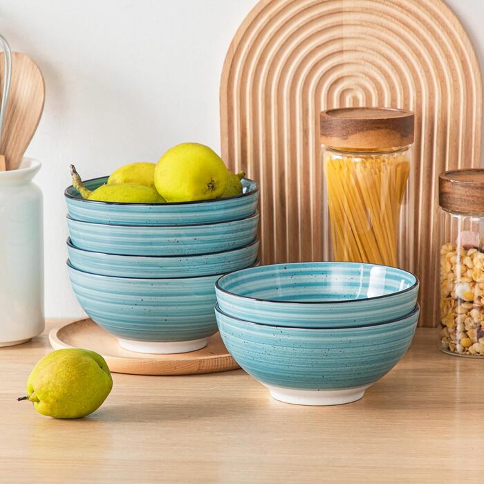 Набір керамічних мисок Vancasso Bonbon (6 шт., 840 мл) – для супу, салату, пасти, мюслі. Керамічні миски для кухні, дому та ресторану, блакитні