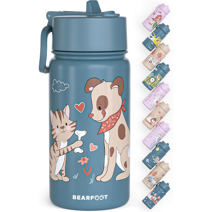 Дитяча термопляшка Bearfoot з нержавіючої сталі з трубочкою, 400 мл, без BPA, не протікає, для дівчаток та хлопчиків, ідеальна для школи та дитячого садка (Блакитна, з зображенням собаки та кота)