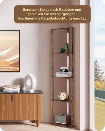 LED торшер EDISHINE з 4 дерев'яними полицями, регульоване освітлення, 3 колірні температури, поворотний світловий стержень, підсвічування полиць, футовий вимикач, вінтажний коричневий