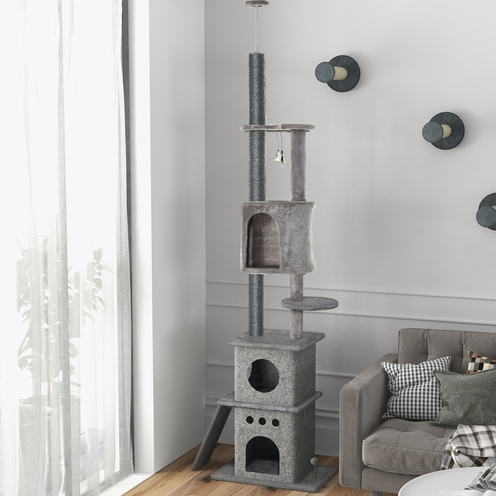 PawHut Драбина для котів XXL, висотою до 225-255 см, для кошенят, регульована по висоті з іграшками для котів та сизалем, світло-сіра