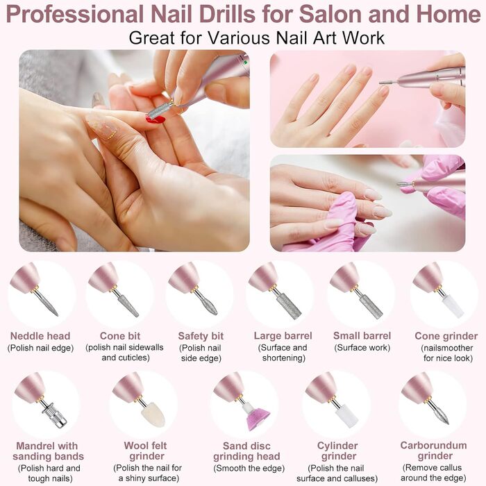 Електрична машинка для манікюру Urbuti 11 в 1, 35000 об/хв, USB, рожева. Набір для професійного манікюру з фрезерами для гелю та лаку