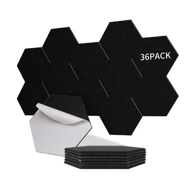Акустичні гексагональні панелі самоклейні для звукоізоляції стін та дверей, 1.4м², 36 шт, чорні (230кг/м³, NRC 0.95, 100% поліестер)
