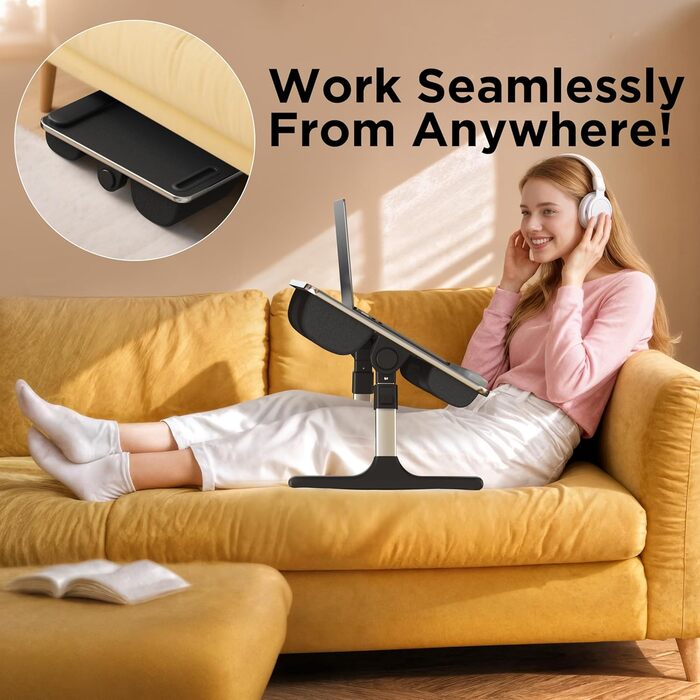 Тумбочка 2-в-1 для ліжка та дивану, регульована по висоті та нахилу, складана з подушкою, підставкою для зап'ястя, тримачем для планшета, захистом від защемлення та неслизькою шкіряною стільницею – ідеально для ліжка, дивану, крісла, чорна