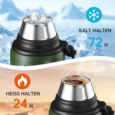 Термос Healter Thermoskanne 1л з чашкою (72 години холод & 24 години гаряче) - термофляга для кави, чаю, офісу, школи (зелений)