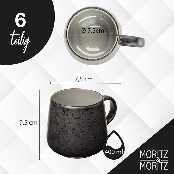 Набір чашок Moritz & Moritz SOLID UNI 6 персон сірий - Сучасний набір чашок з порцеляни - Можливе використання в мікрохвильовій печі та посудомийній машині - Чашки з ручкою для кави, чаю, гарячого шоколаду, капучино (6 шт.) сірий колір