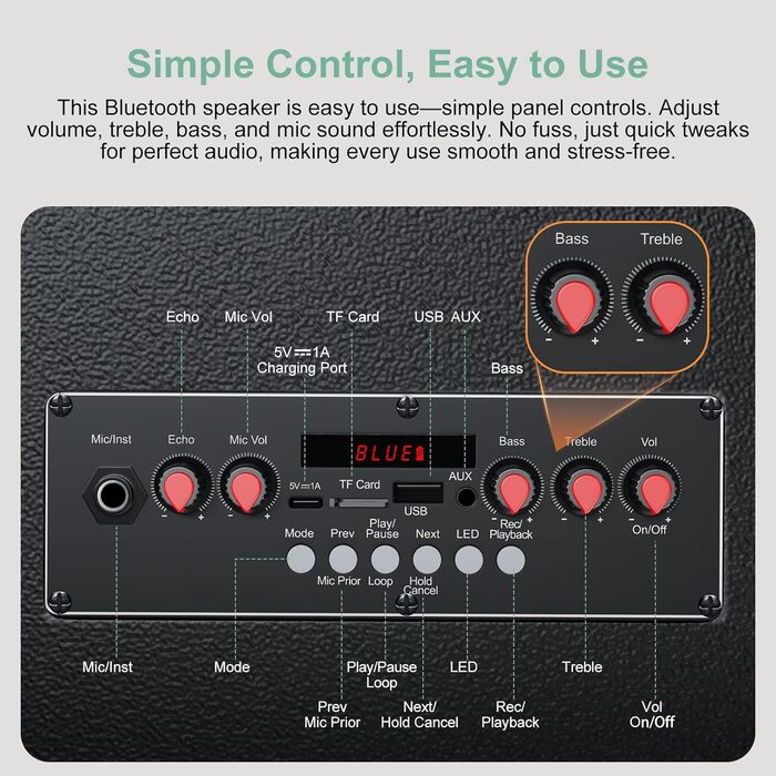 Bluetooth-портативна акустика для караоке з 2 мікрофонами, 11 динаміків, акумулятором 8800mAh, ручкою-тележкою та підсвічуванням. FM/AUX/USB/TF, регулювання басів та високих частот (A113)