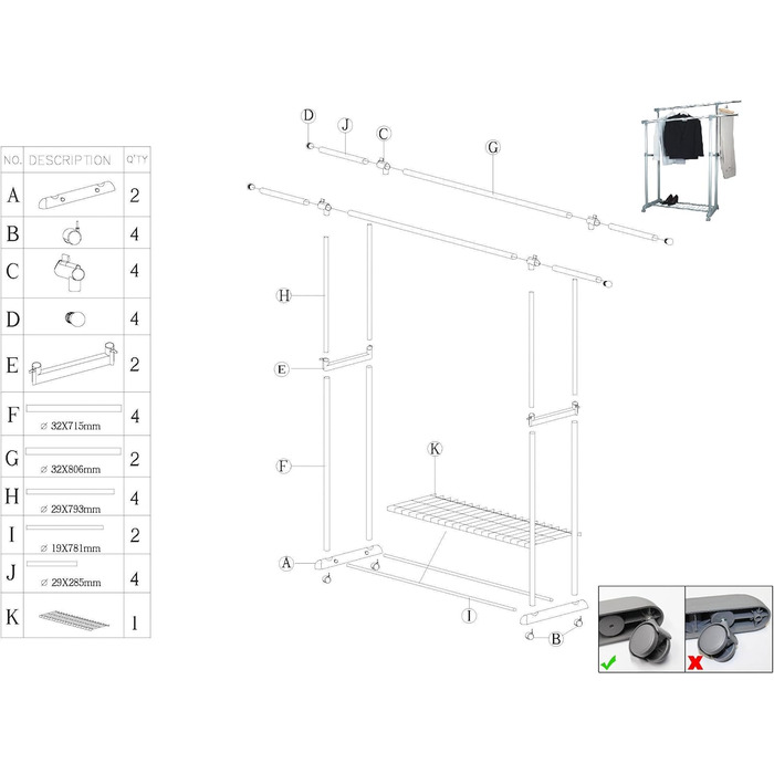 Double clothes rail with two garment rods, clothes rack on wheels