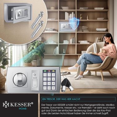 Електронний сейф KESSER® 31x20x20 см зі світлодіодним дисплеєм, подвійним ригелем, кріпленням для стіни та меблів, внутрішнім освітленням, сріблястий