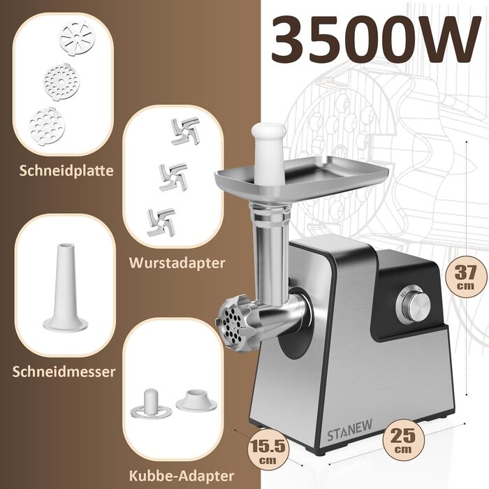 М'ясорубка електрична STANEW 4-в-1, 3500 Вт, 3 диски з нержавіючої сталі (4/8 мм, решітка), насадка для ковбас