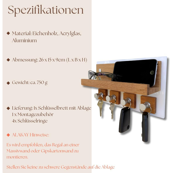 Сучасне ключниця Alakay з полицею - блискуче дерев'яне ключниця для стильного зберігання ключів, підставка для ключів. Ідеально підходить для дому або офісу, практична та елегантна (білий)