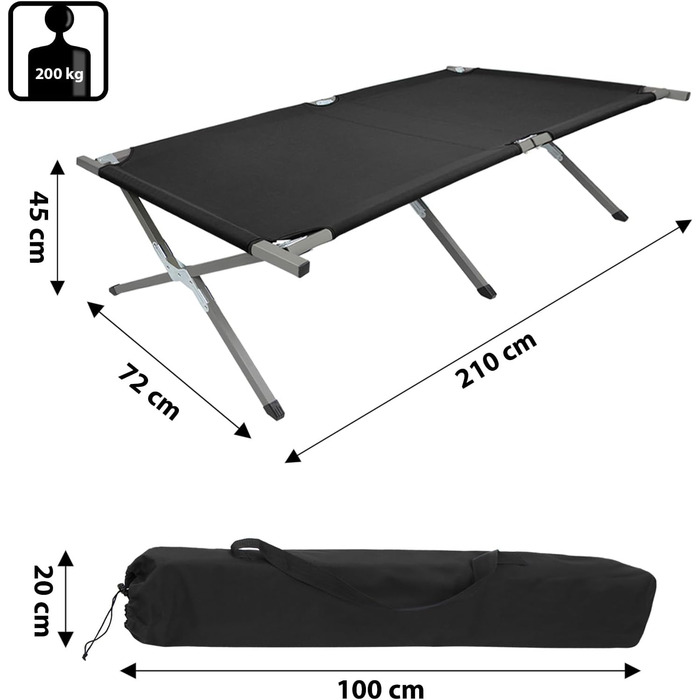 Розкладне ліжко BB Sport XXL для кемпінгу: сталеве каркас, 210x72x45 см, до 200 кг, зручне, портативне, з сумкою
