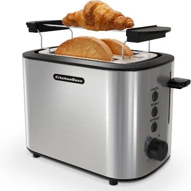 KitchenBoss 2-Slice Toaster: Toaster with bun rack and crumb tray, 6 browning levels, stainless steel toaster with automatic shut-off, defrost function, and reheat function, 870W