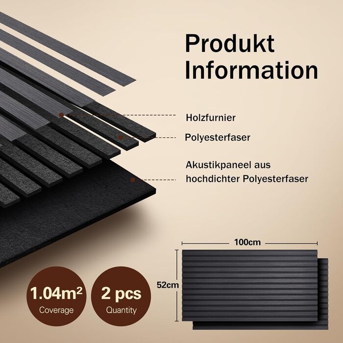 Акустичні панелі з дерев'яного шпону самоклеючі, набір 2 шт (100x52 см), звукопоглинаючі стінові панелі для шумоізоляції та декору вітальні, офісу (Чорний)
