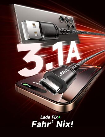 Кабель USB-C JSAUX 2 шт. (2м), 3.1A, нейлон, швидка зарядка, сумісний з Samsung Galaxy, iPhone, CarPlay, PS5