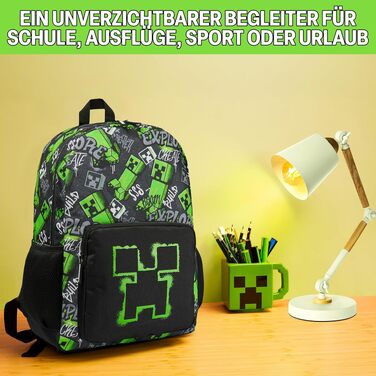 Дитячий рюкзак Minecraft Creeper для хлопчиків, шкільний рюкзак для спорту та прогулянок з відділеннями на блимавці, чорний, 40 x 29 x 17 см