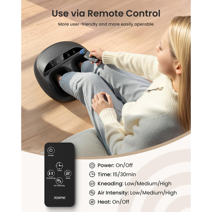 Масажер для ніг RENPHO з підігрівом, Shiatsu, електричний; для чоловіків, з функцією підігріву, компресією та роликами, з пультом дистанційного керування, чорний FM059R