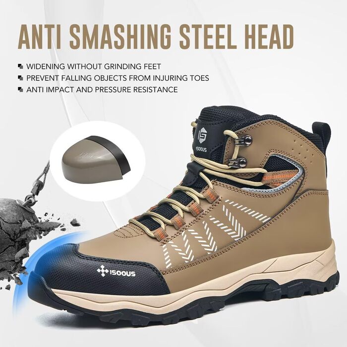 Черевики робочі чоловічі ISOOUS, високі, захисні, з металевим носком, протиковзні, 42 EU, хакі